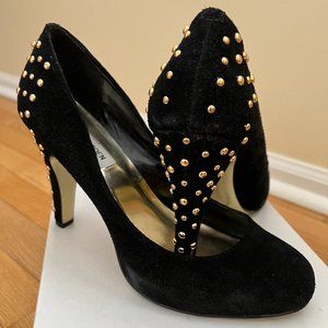 Black suede Steve Madden pumps with gold studs
